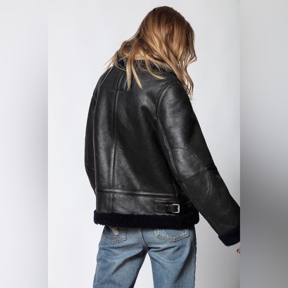 Zadig & Voltaire "Kafe” Shearling Leather Jacket Coat - Picture 3 of 14